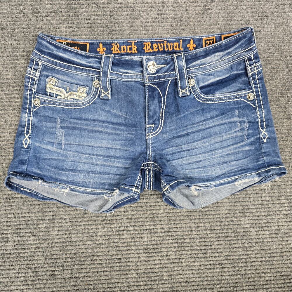Rock Revival Denim Shorts Womens 27 Waist Blue Raw Hem Bling Fleur De Lis Y2K